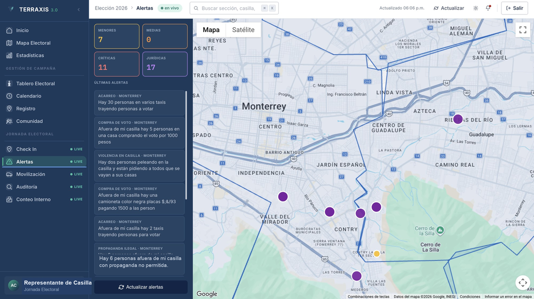 Tablero TERRAXIS de jornada electoral en vivo — alertas y mapa