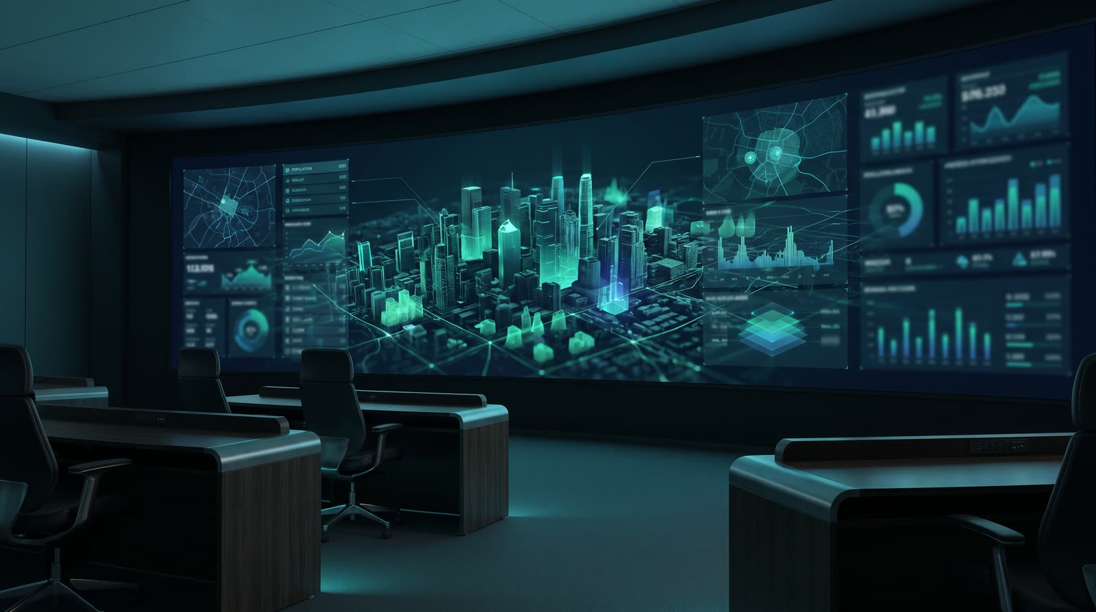 Centro de mando de gobierno con gemelo digital de ciudad — TERRAXIS